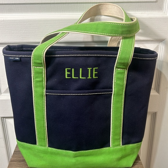 LANDS END canvas striped tote bag in green and navy blue - Picture 2 of 8